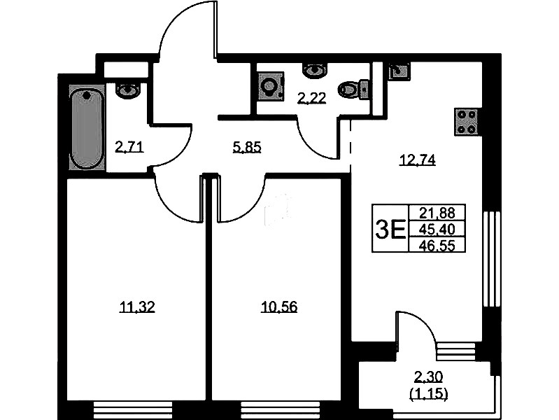 2-комнатная квартира 46.55 м², 3/9 эт., ЖК «GloraX Новоселье»